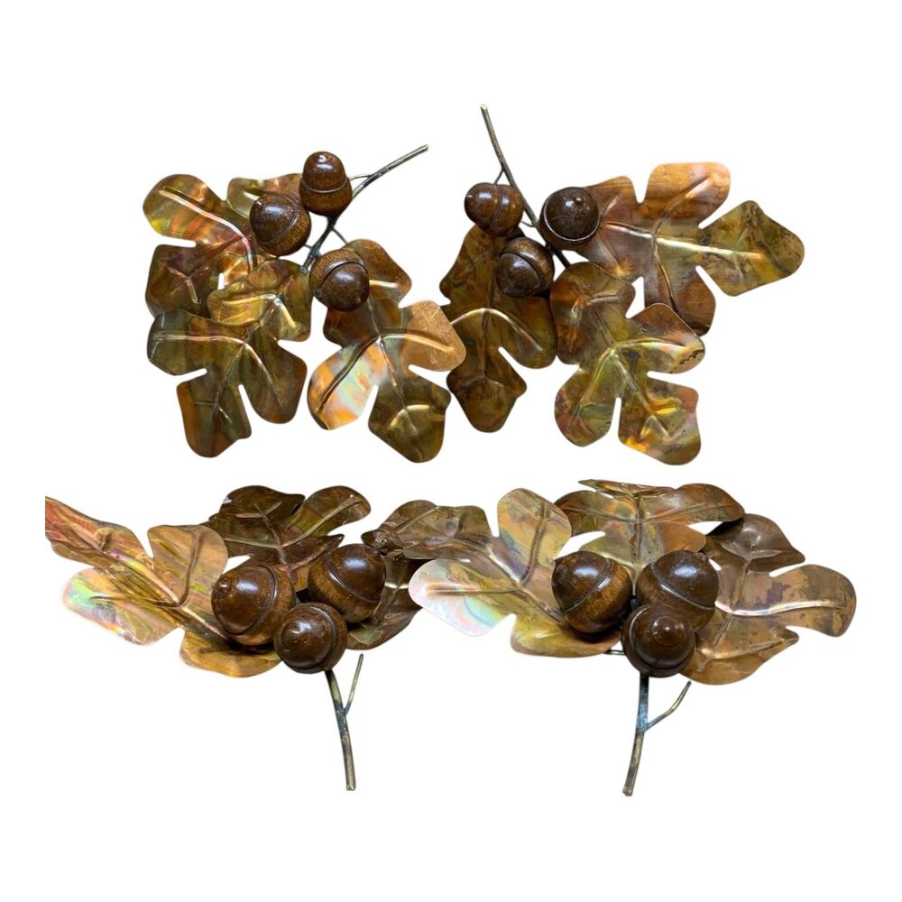 4 Vtg MCM Brass Copper Metal Oak Leaves w Wooden Acorn Wall Hanging Wall Art 70s